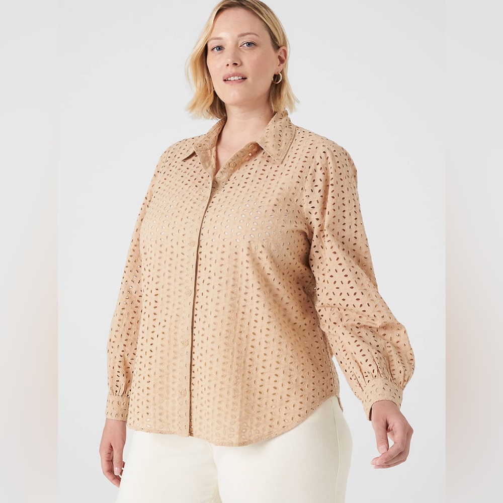 Lane Bryant Long-Sleeve Button-Down Eyelet Top Tan size 14/16 (NWT)